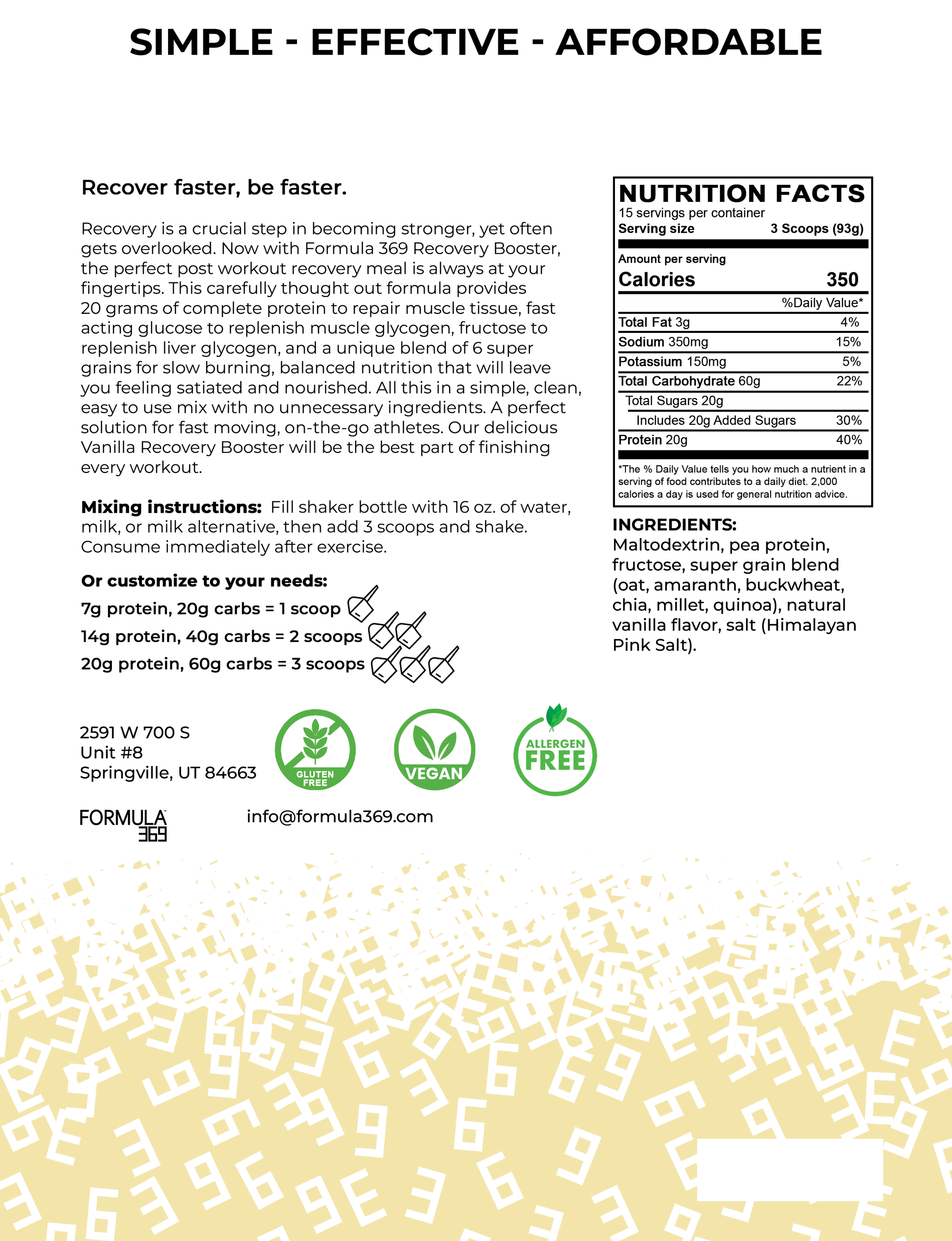 Formula 369 Recovery-Booster - Vegan 3:1 carb to protein mix